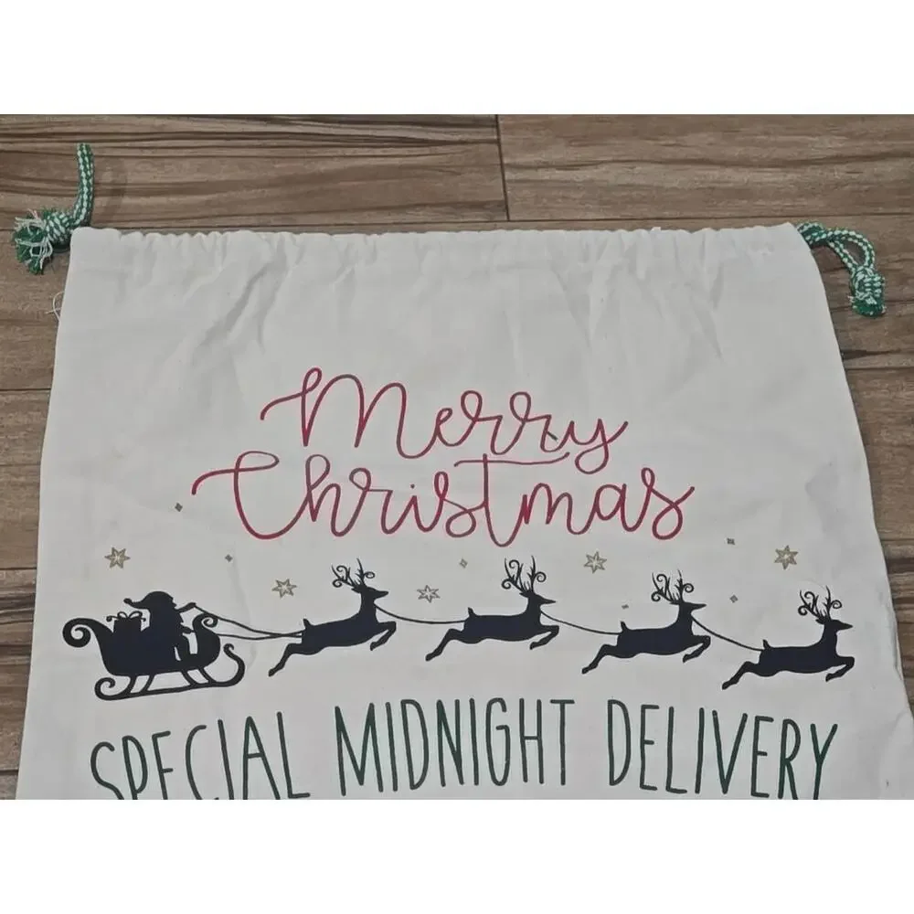 NEW CHRISTMAS LARGE BURLAP COTTON SACK GIFT TOTE BAG w/‎ DRAWSTRING